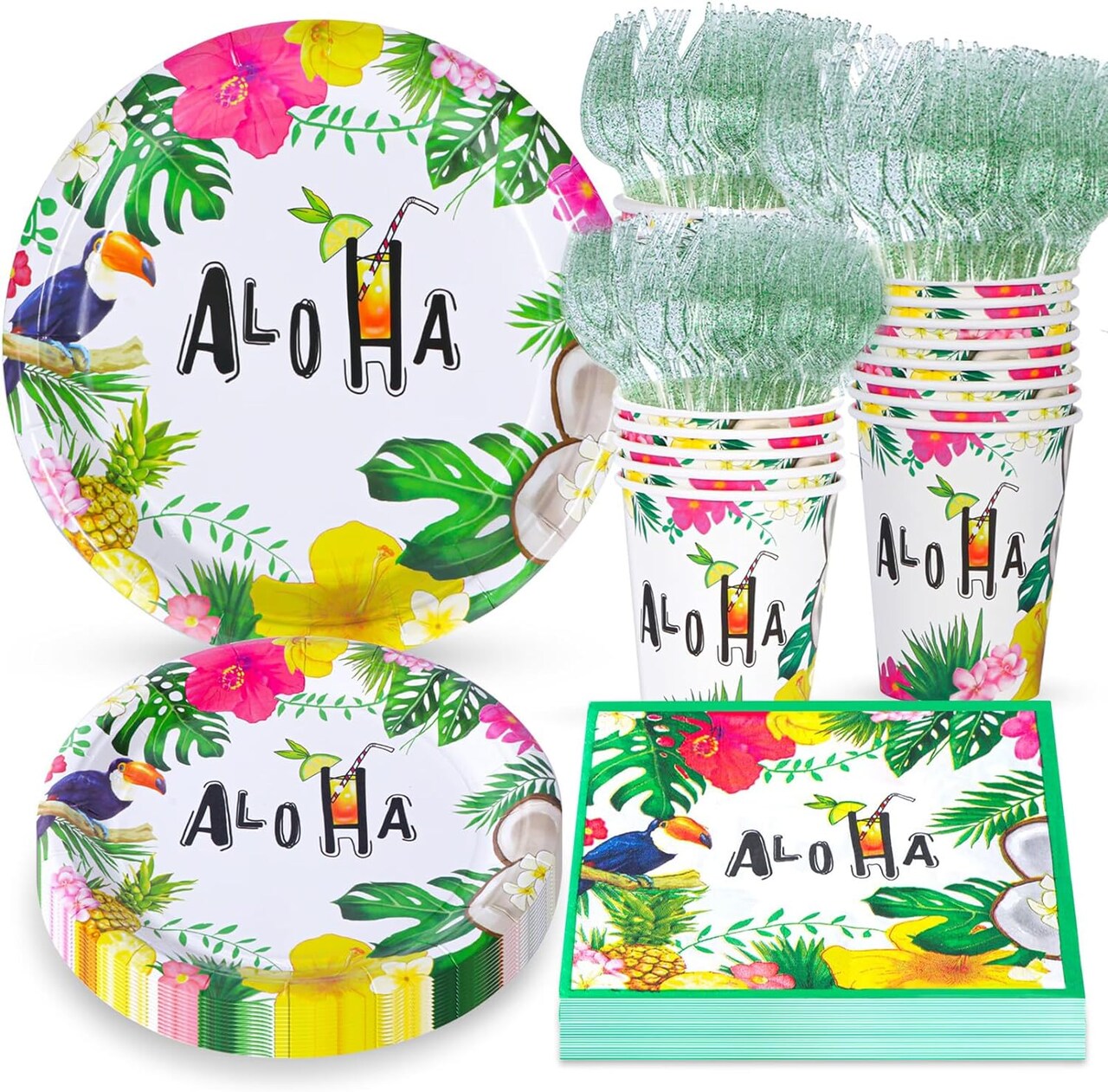 Hawaiian Luau Party Supplies, Disposable Hawaiian Plates and Napkins Set (Colorful)